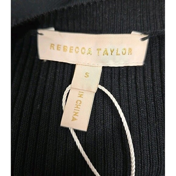 REBECCA TAYLOR Ribbed Knit V-Neck Puff Sleeves Midi Dress Stretch Black Size S - Picture 8 of 13